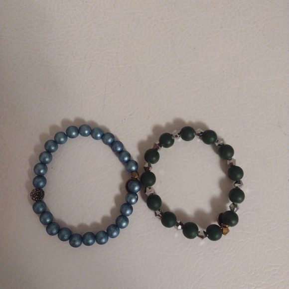 Erimish Beaded Stretch Bracelets Set Of 2 Green And Blue 6.5"-7" - Picture 1 of 6